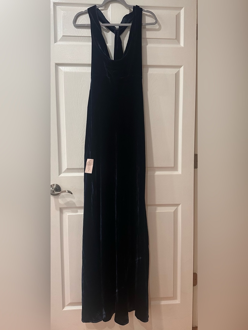 SAU LEE Pearl Cowl Scarf Open Back Strappy Velvet Gown in Midnight Blue - Picture 6 of 10